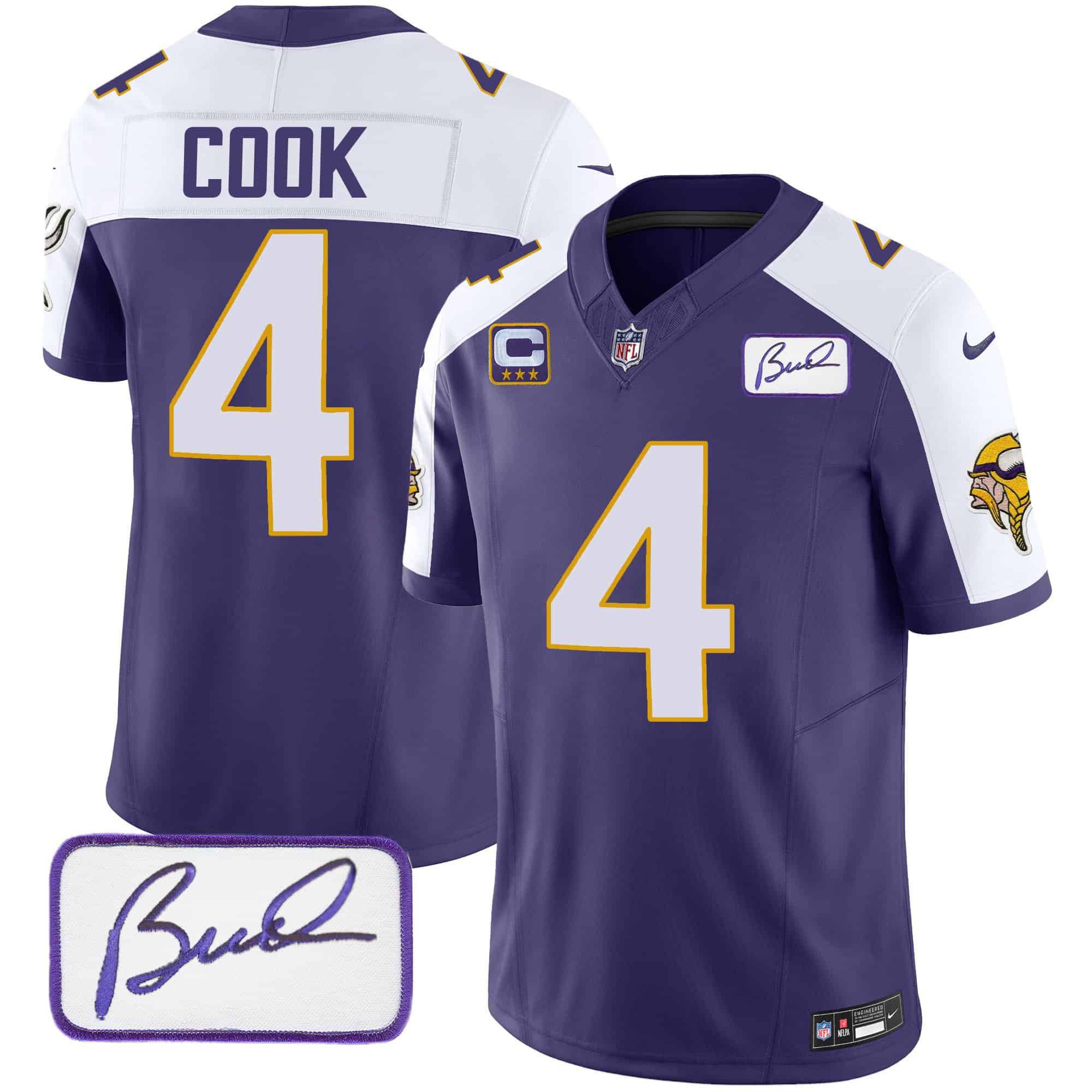 Men Minnesota Vikings #4 Cook Purple 2024 Nike Bud Grant Patch Classic Limited NFL Jersey style 2